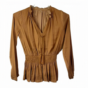 Philosophy Gold Brown Peasant Blouse Top Long Sleeve Pleated Ruffle Top M